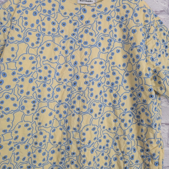 Marimekko Niila Rentukka Dress 44 Yellow Blue Eyelet Cotton Shift Pockets Pastel - Picture 4 of 6